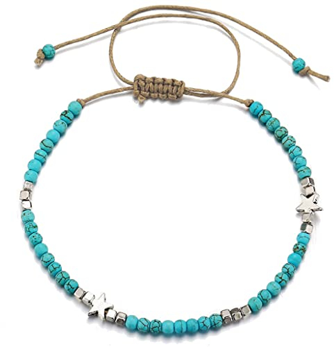 Ouceanwin Fußkettchen für Damen, Verstellbar Boho-Style Fußkettchen Stern Wasserfest Fußkette Perlen Türkis Fussketten Strand Fußschmuck Geschenke für Frauen Mädchen
