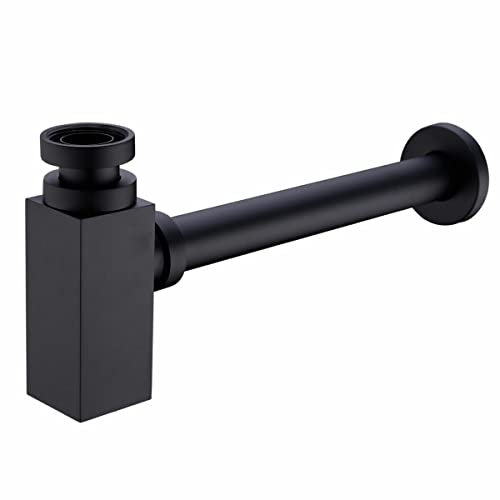 Matte Black Brass Bottle Trap 1 1/4 inch, Square Trap with 200mm Extension Tube, Adjustable Waste Trap Plumbing Drain Tube for Bathroom Sink