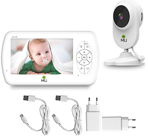 m MU Babyphone Vidéo, Baby Phone Camera Surveillance WiFi avec 4.3”LCD Couleur, VOX, Vision Nocturne, Bébé Surveillance Communication Bidirectionnelle, Capteur de Température, Berceuses,Rechargeable.