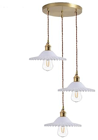LFsem Suspension Luminaires en Verre à 3 Lumières, Lampe Suspendue Triple Complexe Industrielle Vintage en Laiton E27, Lustre de Plafond pour Salle à manger Salon (Blanc)