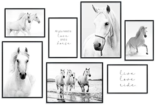 Hyggelig Home Premium Poster Set - 7 passende Bilder im stilvollen Set - Collage Deko - Set Pferde - mit Rahmen schwarz