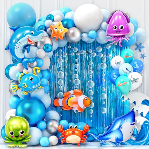 Toyssa Unterwasserwelt Geburtstagsdeko Meer Party Deko mit Luftballon Girlande Blau Fisch Folienballons Lametta Blaue Ozean Kindergeburtstag Dekoration Party Zubehör für Mädchen Jungen Kinder