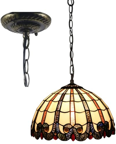 BOTOWI Tiffany Pendelleuchte Beige Barock Buntglas Lampe Schatten Hängende Pendelleuchte Vintage Creme Bernstein Wohnkultur Kronleuchter Breite 12 Höhe 39 für Küche Esszimmer Decke,M