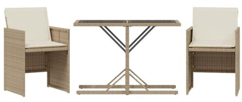 vidaXL Bistro Set 3-TLG., Gartenmöbel mit Kissen Tisch und 2 Stühle, Gartengarnitur Platzsparend, Garten Balkon Terrasse Möbel, Beige Poly Rattan