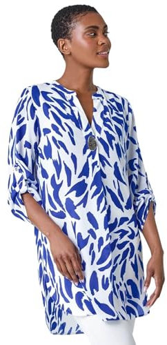Roman Originals Shirt for Women UK Ladies Longline Top Collarless Blouse Smart Tunic Casual Evening Relaxed Fit 3/4 Length Sleeve Notch V Neck Long - Royal Blue - Size 10