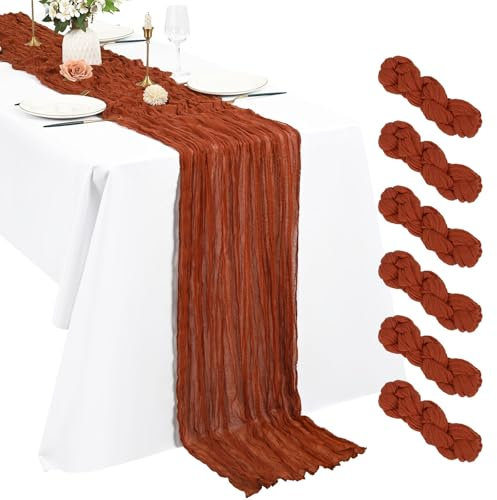 6 Stück Terrakotta Seihtuch Tischläufer 3 m Boho Gaze Tischläufer 55 x 300 cm rustikal romantisch Langer Tischläufer für Hochzeit Party Brautparty Erntedankfest Weihnachtsdekoration