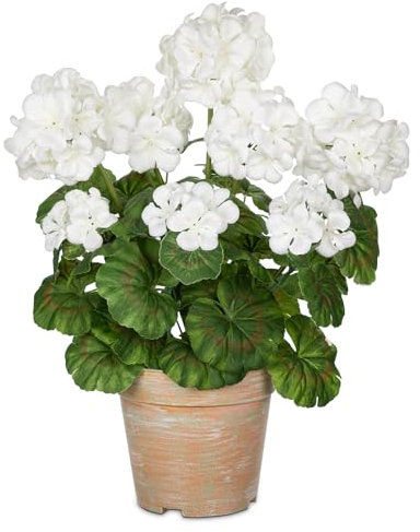 Briful Artificial Geranium Potted Plant – 16” Tall, Realistic Silk Flowers with Vibrant Green Leaves, White Geraniums Fake Flowers for Outdoors Home Décor, Wedding Farmhouse Office Tables Decor