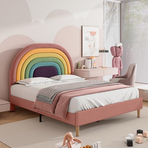 4ft6 Double Bed Frame Upholstered Platform Bed with Adjustable Rainbow Headboard, Velvet Fabric, Sturdy Wooden Slat Support/No Box Spring Needed, Youth Bed Wood Bed for Adults, Kids, Teenagers, Pink