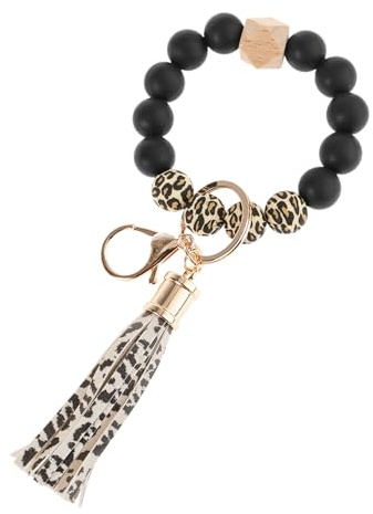 USHXVG Wristlet Keychain With Silicone Beads, Leopard Print Tassel, Fashion Women's Boho Style