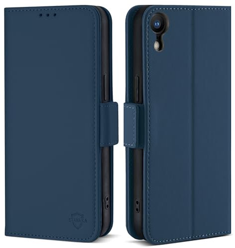 STAWLKA Wallet Case for iPhone XR (6.1), RFID Blocking Card Holder Kickstand Magnetic Closure Flip Folio PU Leather Cover Shockproof Protective Phone Case for iPhone XR - Dark Blue