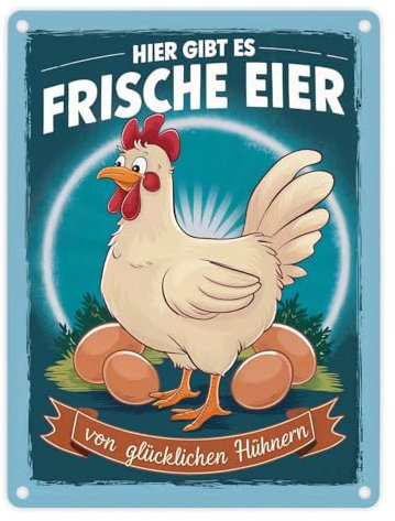 Frische Eier von glücklichen Hühnern Metallschild in 15x20 cm Mit Huhn mit weißem Federkleid und rotem Kamm auf robustem Schild ideal für den Hofladen