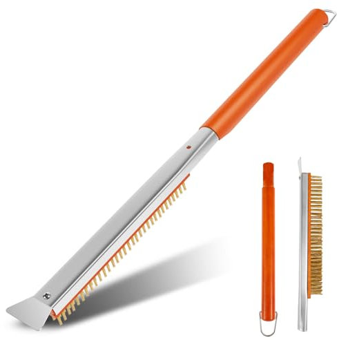 Pizzaofen Bürste Lang 53cm mit Edelstahlschaber und Messingborsten Pizzastein Bürste Feuerfest Reinigungsbürste für Pizzastein Stark Drahtbürste Messing Grill für Pizzaofen Gasgrill