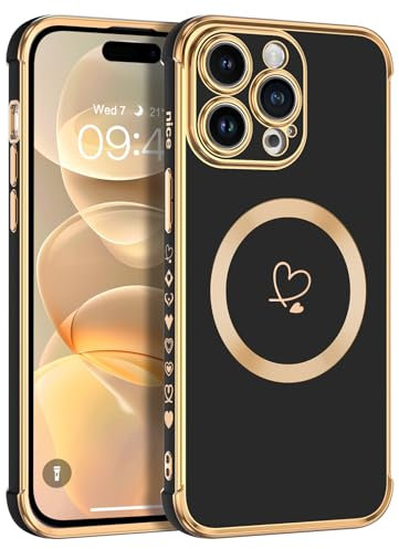 Telaso Magnetische Hülle für iPhone 15 Pro, Handyhülle für iPhone 15 Pro Niedliches Herz Muster [ Kompatibel mit MagSafe ] Weiche Plattierung Abdeckung für Frauen, Schutz der Kamera, Schwarz