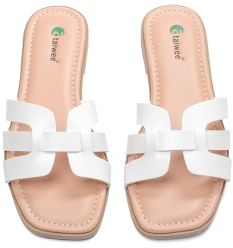 Ataiwee Sandales Plates pour Femme – Élégantes Sandales Mules Plates à Bout Carré, Confortables et à Enfiler, Légères pour l’Été et l’Usage Quotidien.(White,41 EU,2307018)