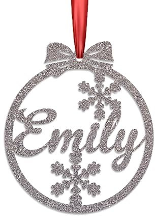 KreateSquare Personalised Christmas Bauble, 950 GSM Double-Sided Glitter Xmas Tree Decoration, Custom Name Baubles, Red & White Christmas Decorations Ornaments (Silver, Snowflakes)