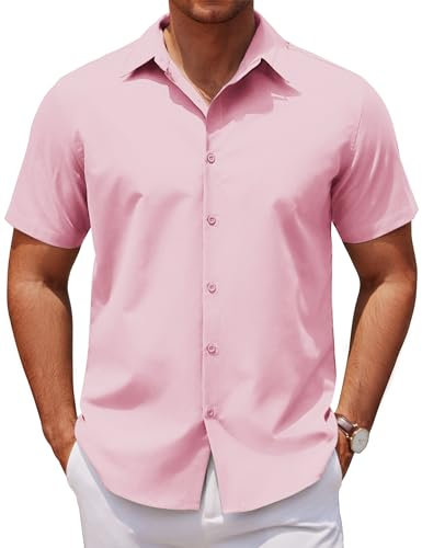 COOFANDY Mens Short Sleeved Business Dress Shirts for Men UK Summer Casual Shirts Formal Office Smart Basic Classic Solid Color Top Dark Pink XXL