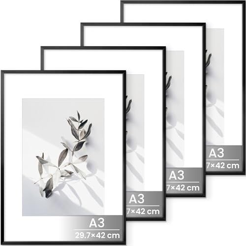 A3 Bilderrahmen Schwarz, Aluminium Din A3 Rahmen, Für 29,7x42 cm-Fotos ohne Passepartout oder 20x28,7 cm-Fotos mit Passepartout, Metall Fotorahmen Mit gehärtetem Glas für Wandkunstrahmen, 4 Packs