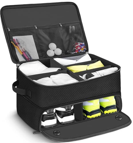 HPLSZCN 2 Layer Golf Trunk Organizer, Car Golf Locker with Separate Ventilated Compartment for 2 Pair Shoes, Golf Trunk Storage for Balls, Tees, Clothes, Gloves, Accessories, Golf Gifts for Men