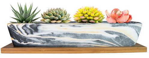 ARTKETTY Succulent Pots, 9.8 Inch Ceramic Succulent Planters with Drainage Small Bonsai Pot with Bamboo Tray, Mini Cactus Flower Planter Pot Shallow Rectangular Window Planters for Indoor Plants