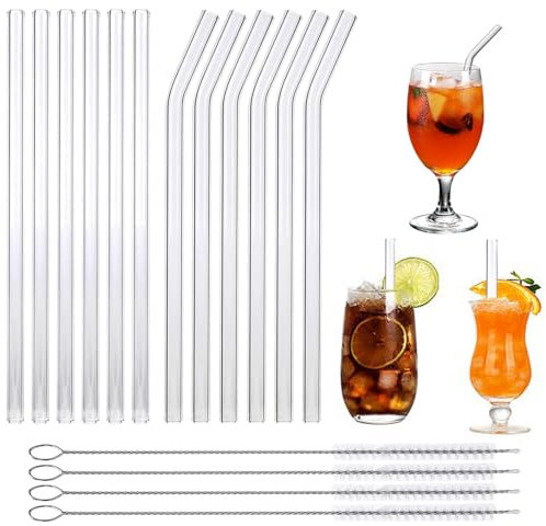 16 Packs Reusable Glass Straws Set, 21.5x10mm Clear Drinking Straws for Smoothies, Shakes, Coffee, Juice, Sodas, Milk, Tea, Cocktails, Set of 6 Straight and 6 Bent with 4 Cleaning Brushes