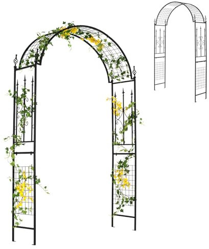 HOMASIS Rosenbogen Metall, Gartenbogen für Rosen & Kletterpflanzen, Rankhilfe mit Spalier für Hochzeit Garten Partys, Rankgitter Torbogen Rosengitter Rosenhilfe Pflanzenstütze, 143x40x234 cm, Schwarz