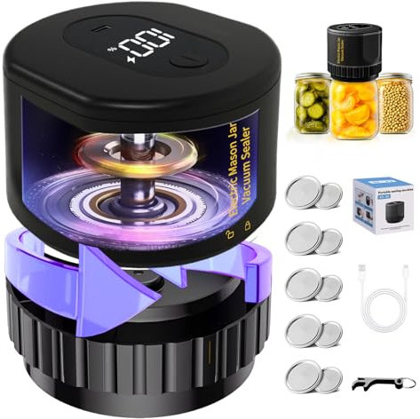 Envasadora Vacio Para Tarros Cristal, Maquina Envasar Al Vacio Mason Jar Con Display Y Parada AutomáTica ExtraíBle Compatible Con Apertura Amplia Y Regular Adecuado Para ConservacióN De Alimento