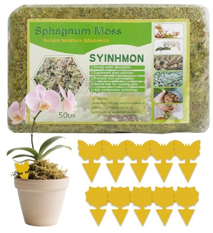 SGZIOO 500g Sfagno per Orchidee, Sfagno per Piante con 10 Adesivi Gialli, Sfagno Cileno per Terriccio per Orchidee, Felci a Corno di Cervo, Piantine, Radicazione di Talee
