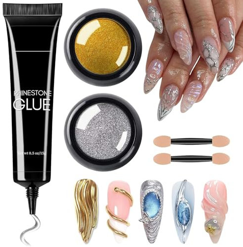 DMQ Chrome Nail Powder Set, Gold Silver Metallic Holo Nail Pigment Powder with 3D Sculpture Gel, Mirror Glitter Effect Nail Powders with Embossing 3D Nail Gel for DIY Nail Art Design Painting Carved
