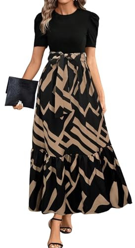MOKBAY Robe Longue Elegant Chic Spring Dress Femme Ete Fleurie Volants de Plage Vente Flash Manche Courte Vintage Marron Col Rond Robe pour Mariage Invité Marron XXL