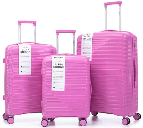 R.Leone Valigia da 1 pezzo Fino a Set 3 Trolley Rigido grande, medio, bagaglio a mano in Polipropilene 8 Ruote Autonome 6080 (Fucsia, Set 3 Pezzi S M L)