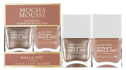 Nails Inc 45 Second Speedy Gloss Mocha Mousse Nail Polish Duo, Espresso Nude Shades, Brown Hues, Glossy, No Chip, Long Lasting, Quick Dry, Air Dry, Professional Manicure & Pedicure, Vegan, 2 Piece Set