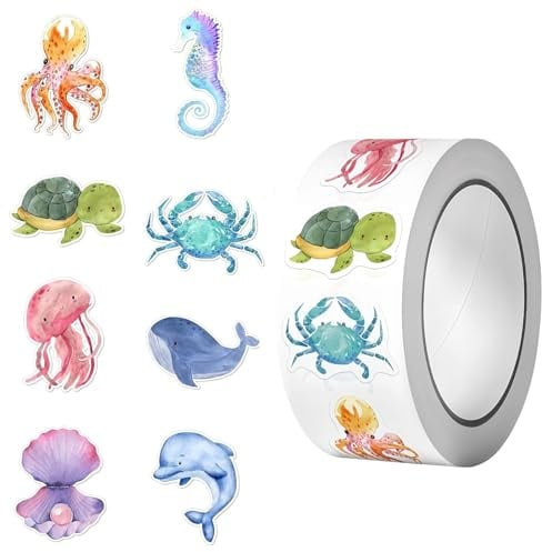 500 Stück Runde Tier Aufkleber, 8 Muster Stickerrolle Meerestier Stickers Set, Meerestiere Sticker,Belohnungsaufkleber,Selbstklebend Aufkleber Kinder für Mädchen Junge Scrapbooking DIY (Farbe A)