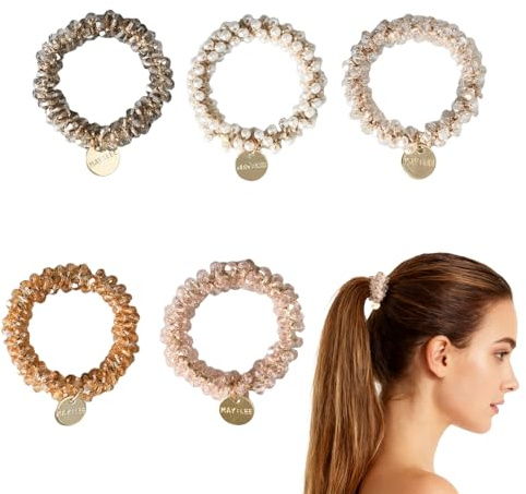 5 Stück Perlen Haargummi Damen, Kristall Haarschmuck Damen, Elastische Pferdeschwanz Halter, Geeignet Für Frauen Und Mädchen(Weiß, Dunkelgrau, Beige, Champagner, Heller Champagner)