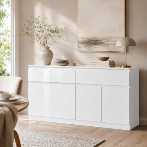 PREMTURE Sideboard Weiß Hochglanz 155 cm, Kommode mit 4 Türen und Schublade | Modernes Sideboard mit Hochglanzfront, 4 Türen, großer Schublade, viel Stauraum und flexibler Innenaufteilung
