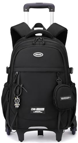 Amythe Schulrucksack mit Rollen für Teenager, 6-Rad Abnehmbarer Trolley Schulranzen, Lässig Rucksack Großes Volumen für Laptop, Wasserabweisender Schultasche für Jungen ab 10 Jahre, Schwarz