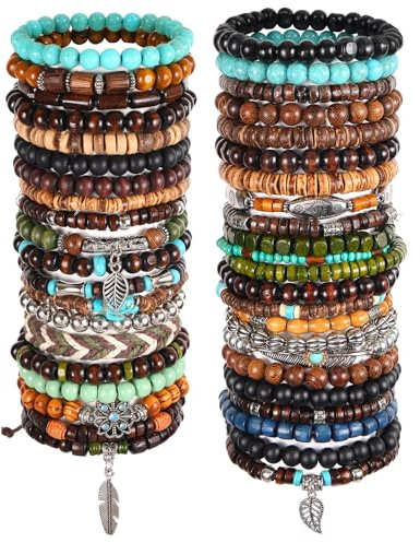 Mikovivi 43stk Boho Holzperlen Armband Set, Verstellbares Vintage Punk Armband aus Holzperlen für Damen und Herren Erinnerungsgeschenk(Farbmix)