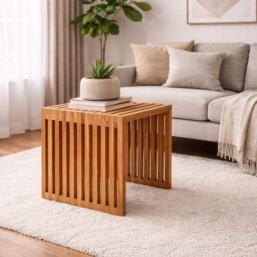 LEBENSwohnART Natürlicher Beistelltisch LINETA 40cm Teak In-/Outdoor Pflanzsäule