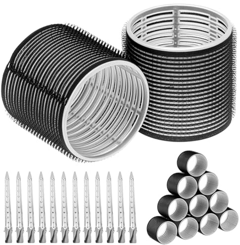 QWORK® 12 Jumbo Haftwickler Selbsthaftend 64mm mit 12 Edelstahl Clips für Volumen ohne Hitze, XXL Hair Rollers für langes Haar, Pony und Wellen
