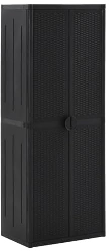 PUGYNBK Black PP Rattan Garden Storage Cabinet 65x45x172 cm with Broom Holder and 4 Shelves, Durable Patio Organizer for Home Decor and Essential Items