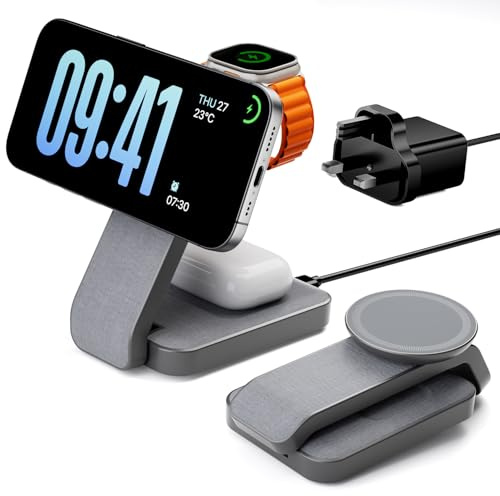 Eazpower 3 in 1 Wireless Charging Station for Apple Watch and iPhone, Foldable Magnetic Charger Stand for iPhone 17e/Air/17-12 Series, AirPods, Travel Magsafe Charging Dock with Night Light