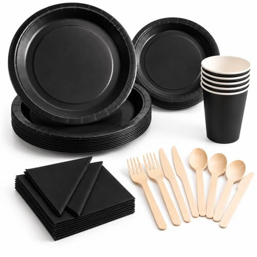 140 PCS Black Plates Cups Napkins & Cutlery, Party Tableware for 20 Guests | Disposable Party Tableware with Paper Plates, Cups, Napkins & Wooden Cutlery for 20 Guests, Birthday, Wedding & Celebrations