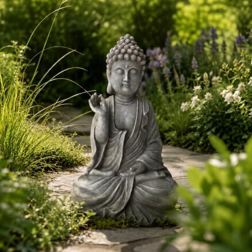 INtrenDU Buddha Figur Garten 40 cm – Wetterfeste Gartenfigur aus Magnesia in Steinoptik Steingrau – Gartendeko Buddha Statue frostfest für Außen, Zen