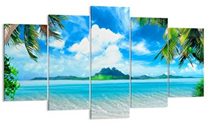 Deco Décoration Salon Plage vacances île palmier Moderne Impression sur Toile 160x85cm Image Tableau Decoration Murale Chambre Triptyque 5 parties Art Wall Tableaux Decoratifs Muraux EA160x85-2528