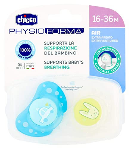 Chicco Succhietto Physio Air in Silicone, Ciuccio per Bimbo, 16-36 Mesi, 2 Pezzi, Colori Assortiti