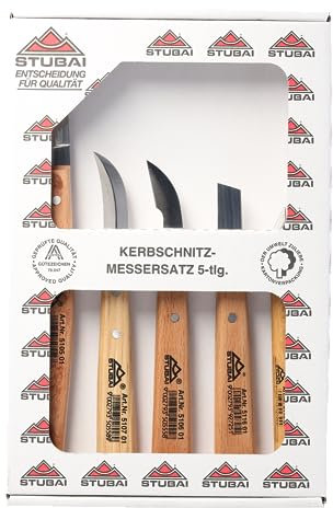 STUBAI Kerbschnitzmessersatz 5‑tlg. im Karton | gerade, schräg, gebogen & zweischneidig | vorgeschliffene Klingen | Holzgriffe | Made in Austria | Art.-Nr. 512005/L