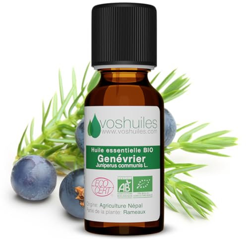 Voshuiles - Huile Essentielle Genèvrier Bio 10ml - Utilisation Alimentaire - Parfum Balsamique et Boisé - Nombreuses Vertus - Huiles Essentielles de Qualité - 100% Pure et Naturelle - HEBBD et ECOCERT