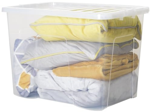 JMS (Set of 10) 80L Litre Crystal Clear Transparent Plastic Storage Box With Lid - Stackable & Nestable Storage Containers - Home & Kitchen Made in UK