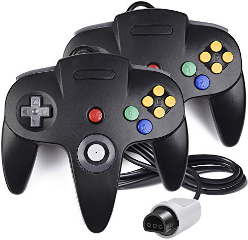 iNNEXT 2 Pack Classic Wired N64 64-bit Gamepad Joystick for Nintendo 64 (Black, Grey, Blue, Red) - 10 Buttons, Analog Stick, 8-way D-Pad, 6 ft Cord, Compatible with N64, Not Original but Same Quality