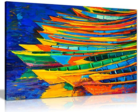 Oil Painting Modern Impressionism Boats Sea Canvas Wall Art Picture Print (18x12)