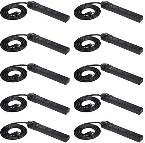 Amazon Basics Surge Protector Power Strip, 6-Outlet, 790 Joules, Circuit Breaker, LED Indicator, 6ft Extension Cord, Black, 10-Pack